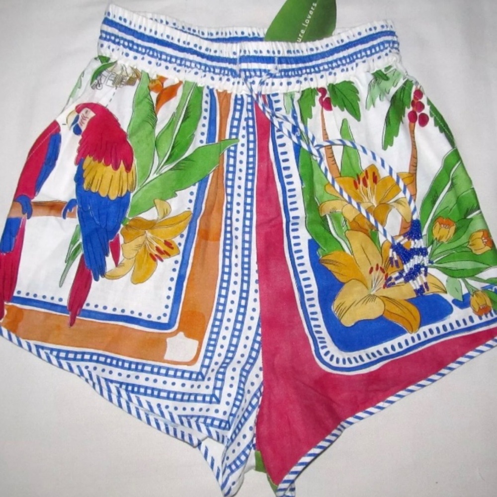 New Farm Rio Tropical Destination Bird White Drawstring Shorts Womens Size Small